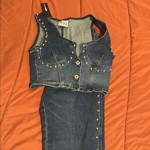 Fashion Nova Blue Studded Denim Overalls